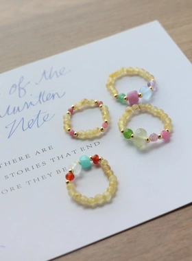 糖果色马卡龙金发晶玉髓戒指女小众设计感ins风黄粉绿紫串珠指环