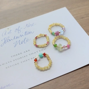 糖果色马卡龙金发晶玉髓戒指女小众设计感ins风黄粉绿紫串珠指环