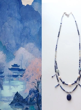 天然青金新中式双层项链女高颜值百搭小众串珠项链蓝色复古风锁骨
