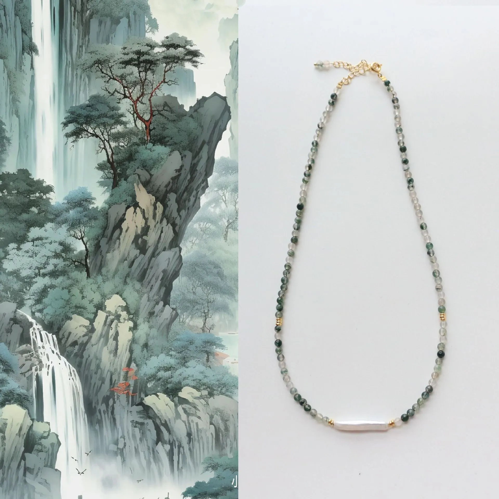 天然水草玛瑙锁骨链小银棍串珠项链新中式饰品手工创意百搭礼物