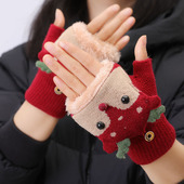 半指翻盖男学生写字女毛线可爱加厚加绒新骑车 成人儿童手套秋冬季