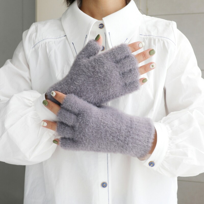 冬季白色毛毛绒露指手套女冬天半指纯色保暖加绒长毛茸茸袖套学生
