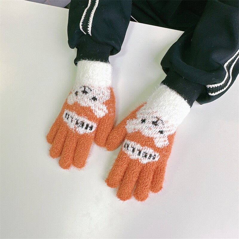 秋冬季儿童手套小孩可爱保暖女童男童加绒毛线宝宝针织五指套冬天