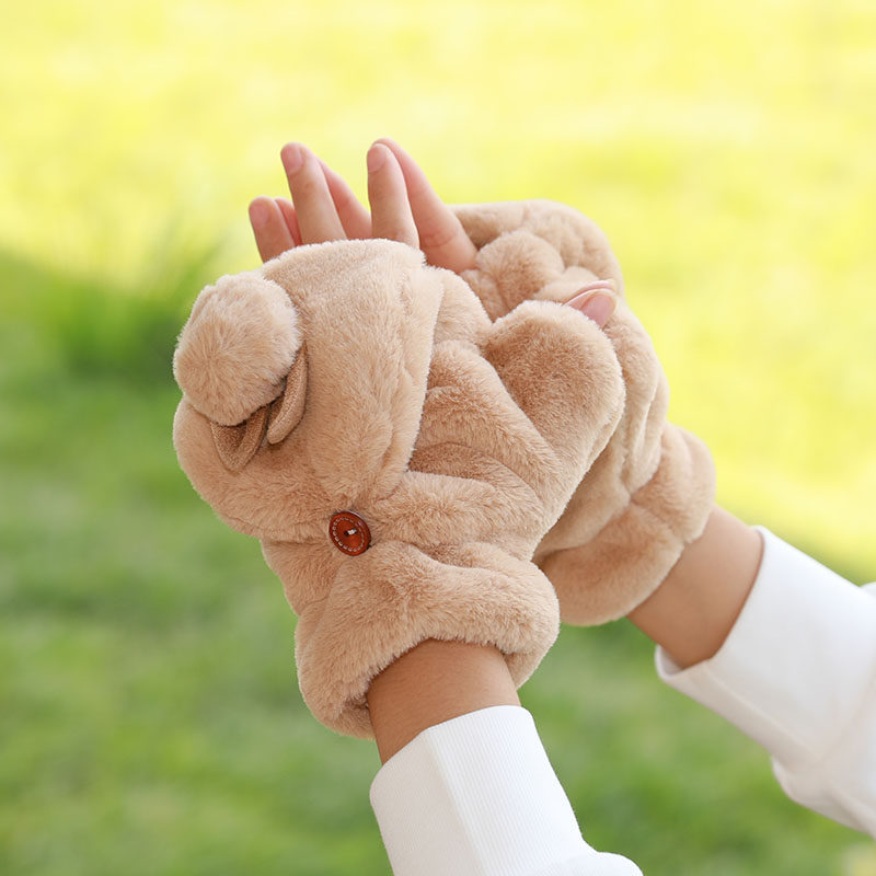 新秋冬翻盖半指手套韩版可爱球球男保暖加绒加厚百搭学生女写字