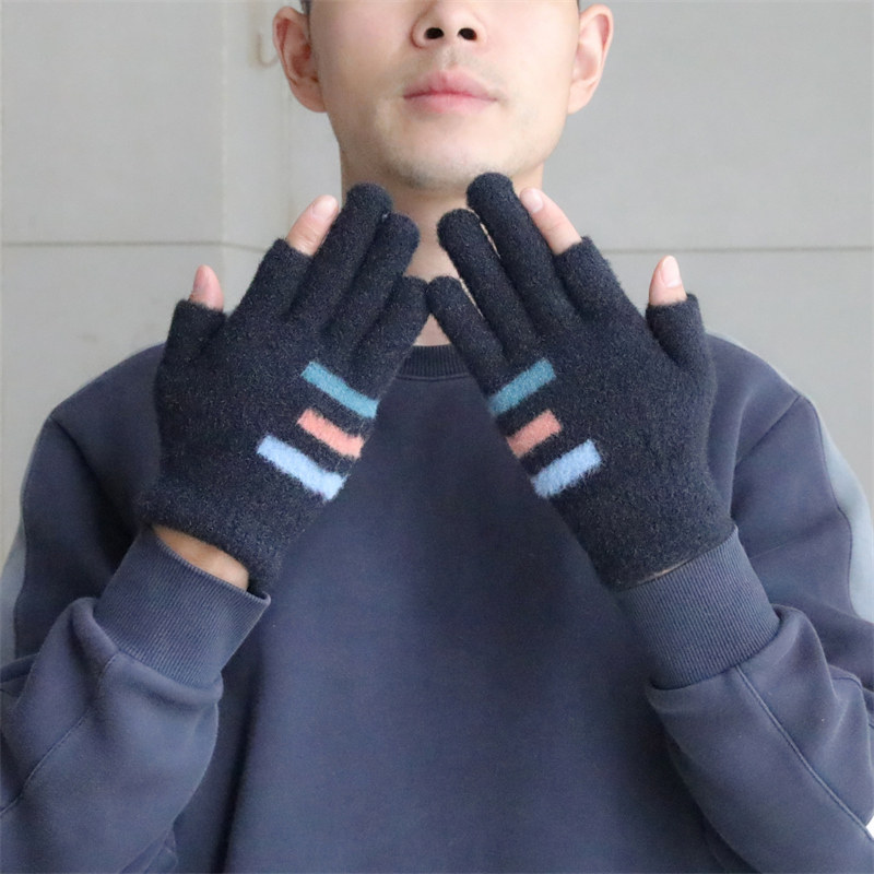 露指女男士冬季露二指漏指头工作两指写字保暖骑行针织触屏手套