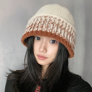 2025秋冬新款复古混色拼接针织毛线帽护耳朵保暖简约盆帽渔夫帽子