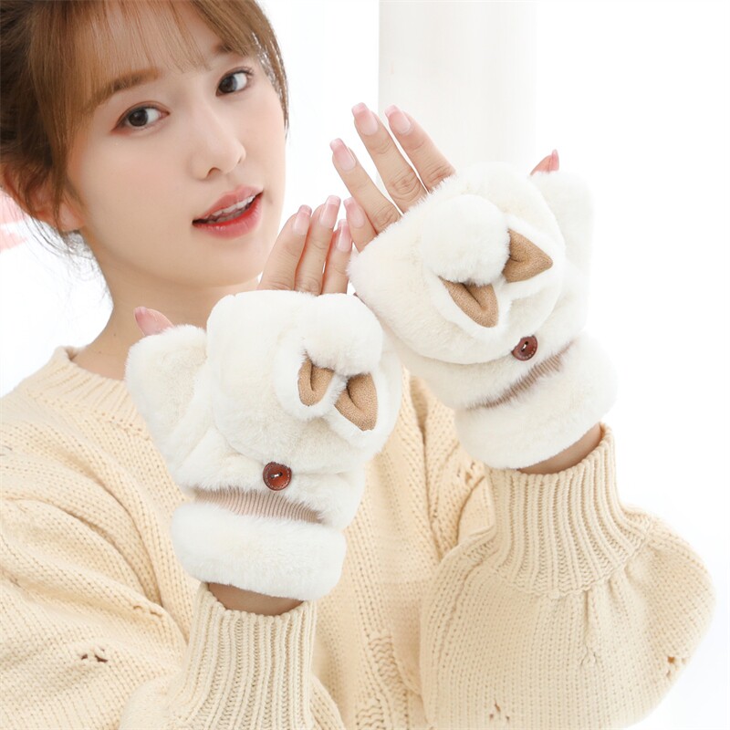 毛茸茸兔子手套女冬季加绒加厚保暖韩版百搭可爱少女学生半指翻盖