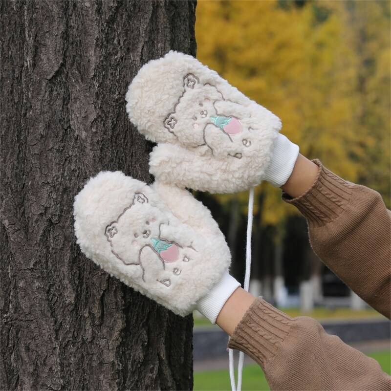 冬季手套女挂脖学生可爱骑车用加绒冬天保暖刺绣小熊毛绒手套ins