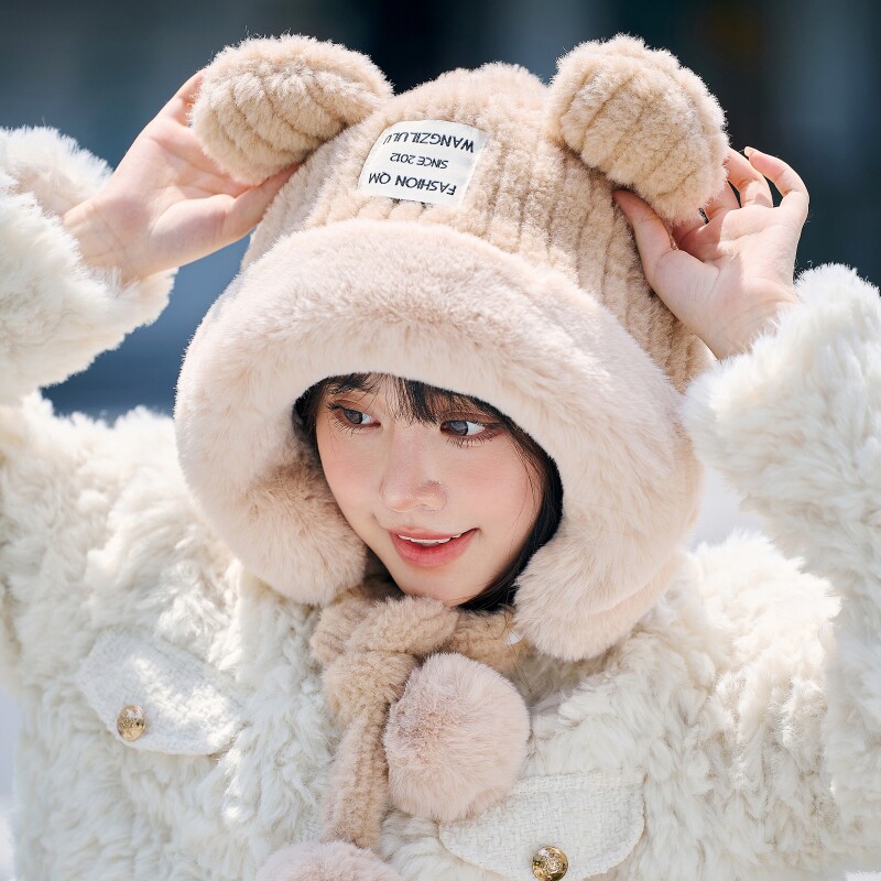 毛绒帽子女秋冬季围巾一体加厚保暖韩版百搭潮冬天防寒护耳雷锋帽