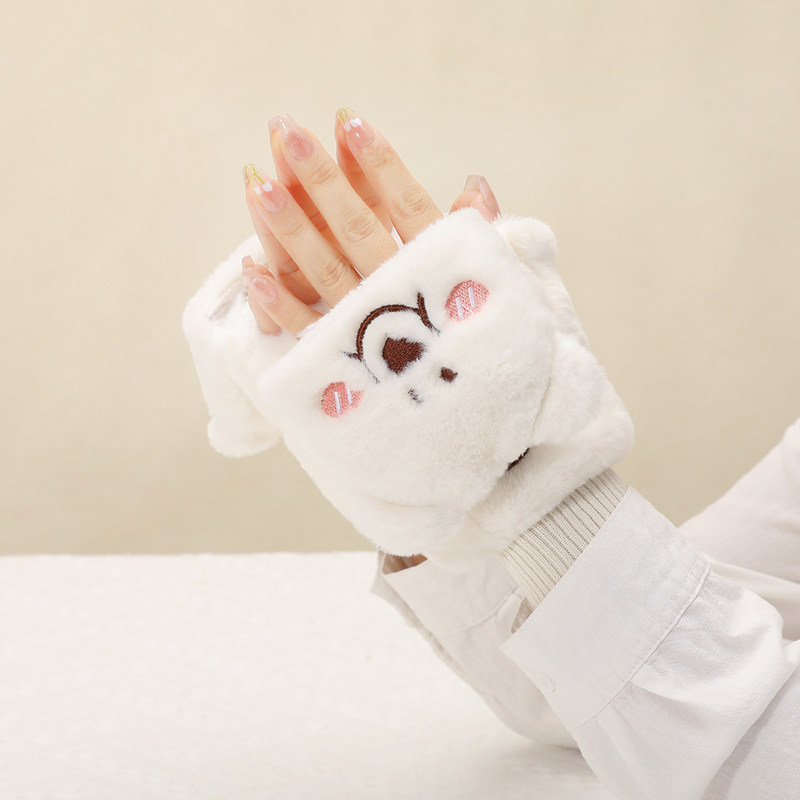 可爱微笑小熊半指翻盖手套女生白色毛绒加绒冬季韩版加绒加厚保暖