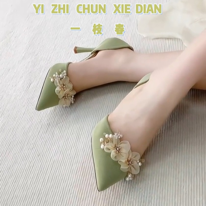 多巴胺穿搭珍珠花朵高跟鞋女鞋