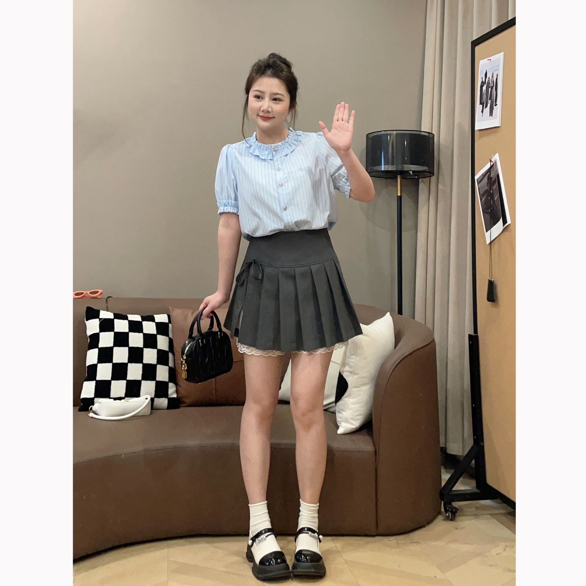 轻职条纹短袖衬衫百褶裙显瘦套装