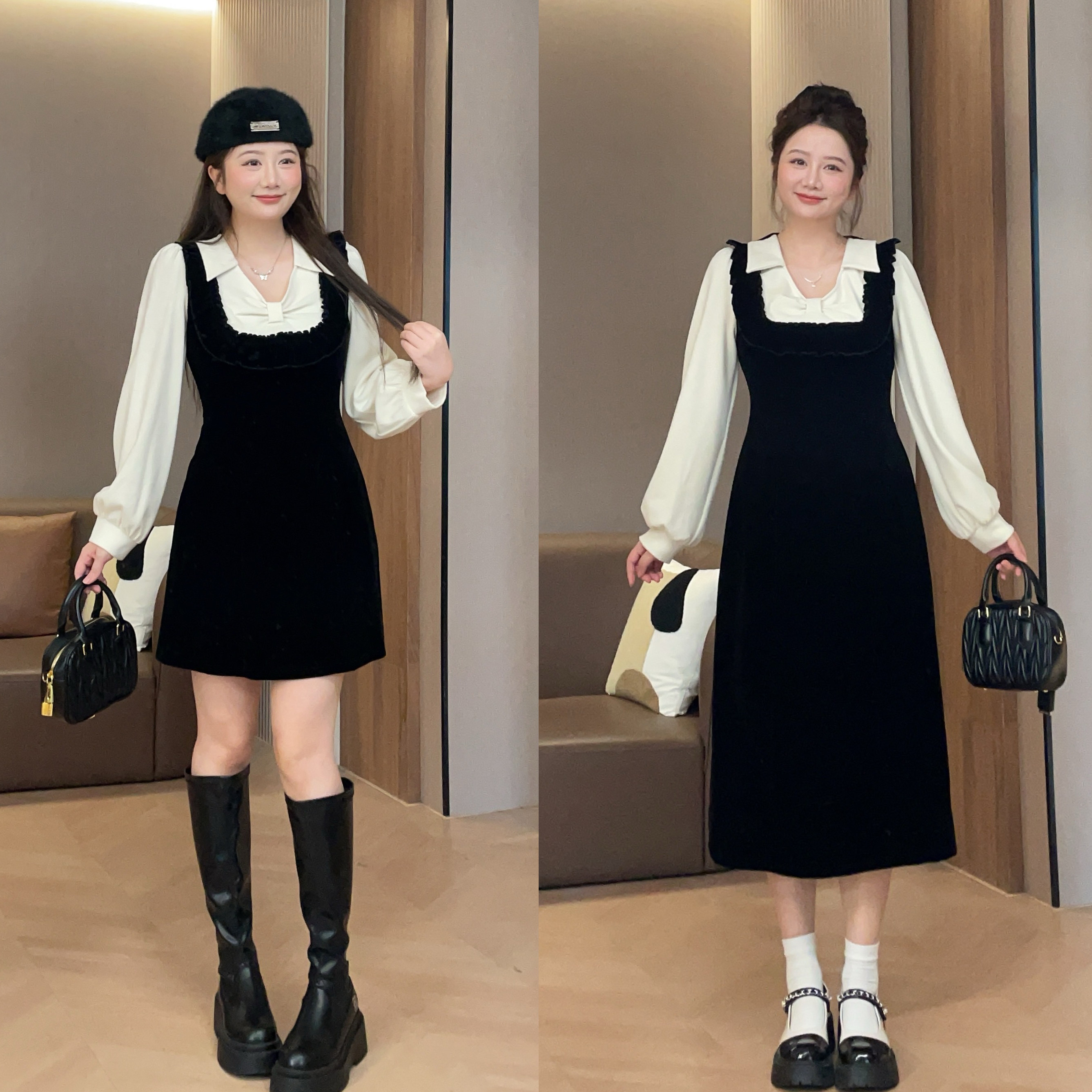 撞色拼接厚收腰显瘦假两件连衣裙