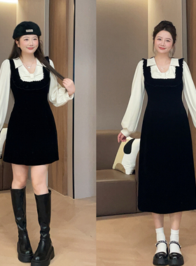 大萌萌微胖定制 25年秋冬撞色拼接厚款收腰显瘦假两件丝绒连衣裙