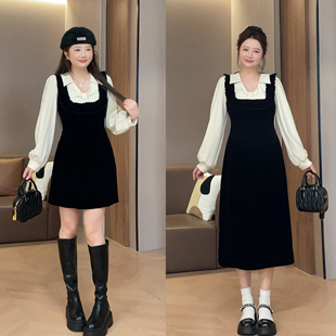 大萌萌微胖定制 25年秋冬撞色拼接厚款收腰显瘦假两件丝绒连衣裙