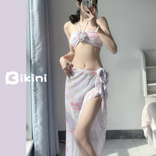 比基尼三件套BIKINI大長裙沙灘海邊度假泳衣 鯊魚小姐粉色新款