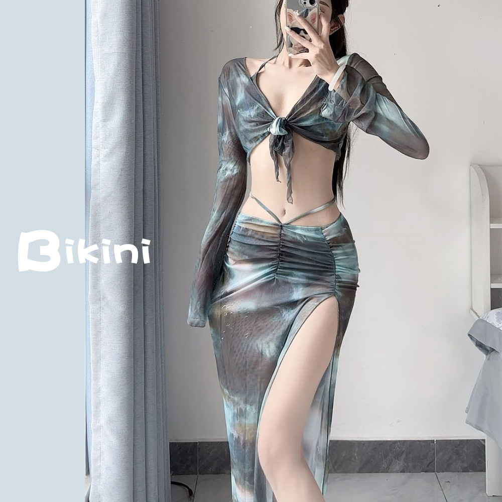 比基尼泳衣女2024新款分体四件套长裙性感欧美修身显瘦泡温泉度假