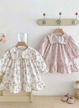 女宝宝长袖春装碎花连衣裙婴幼儿法式周岁礼服裙子女童翻领公主裙