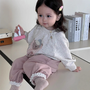 韩版春秋季女婴童卡通小熊套头上衣可爱动物卫衣粉色花边休闲裤子
