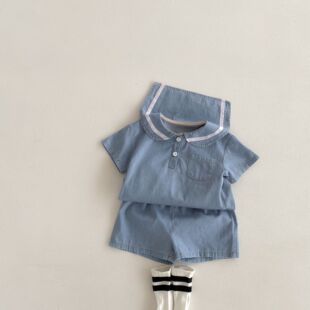 韩国南大门童装24夏季儿童两件套 男女童海军领短袖牛仔套装069