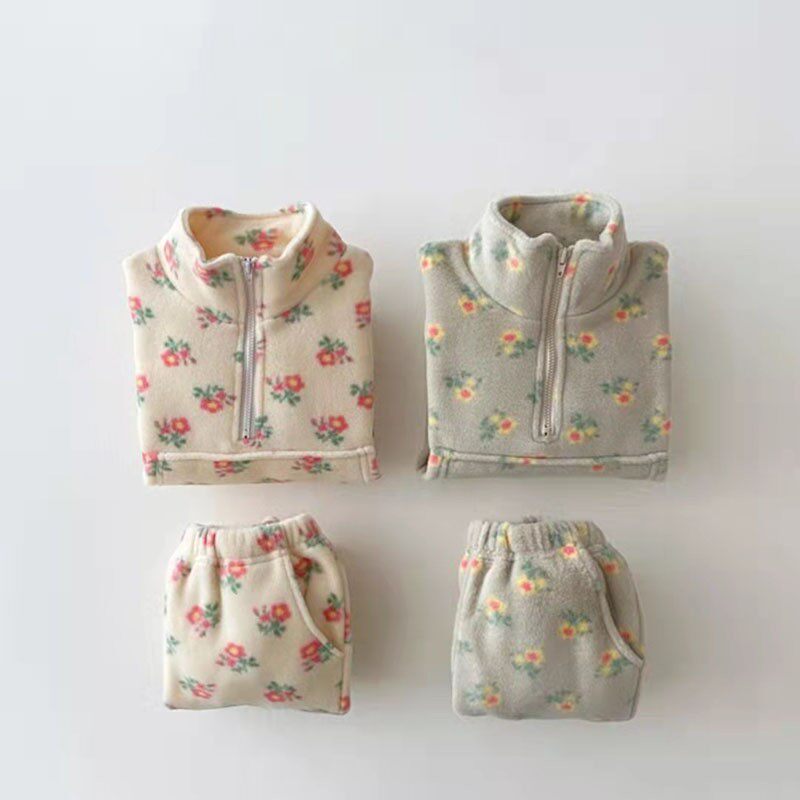 韩国童装男女童儿童秋冬款时尚立领双面绒外套休闲裤长裤套装