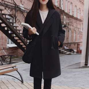 黑色毛呢外套女冬2021年新款秋冬季小个子中长款加绒加厚呢子大衣