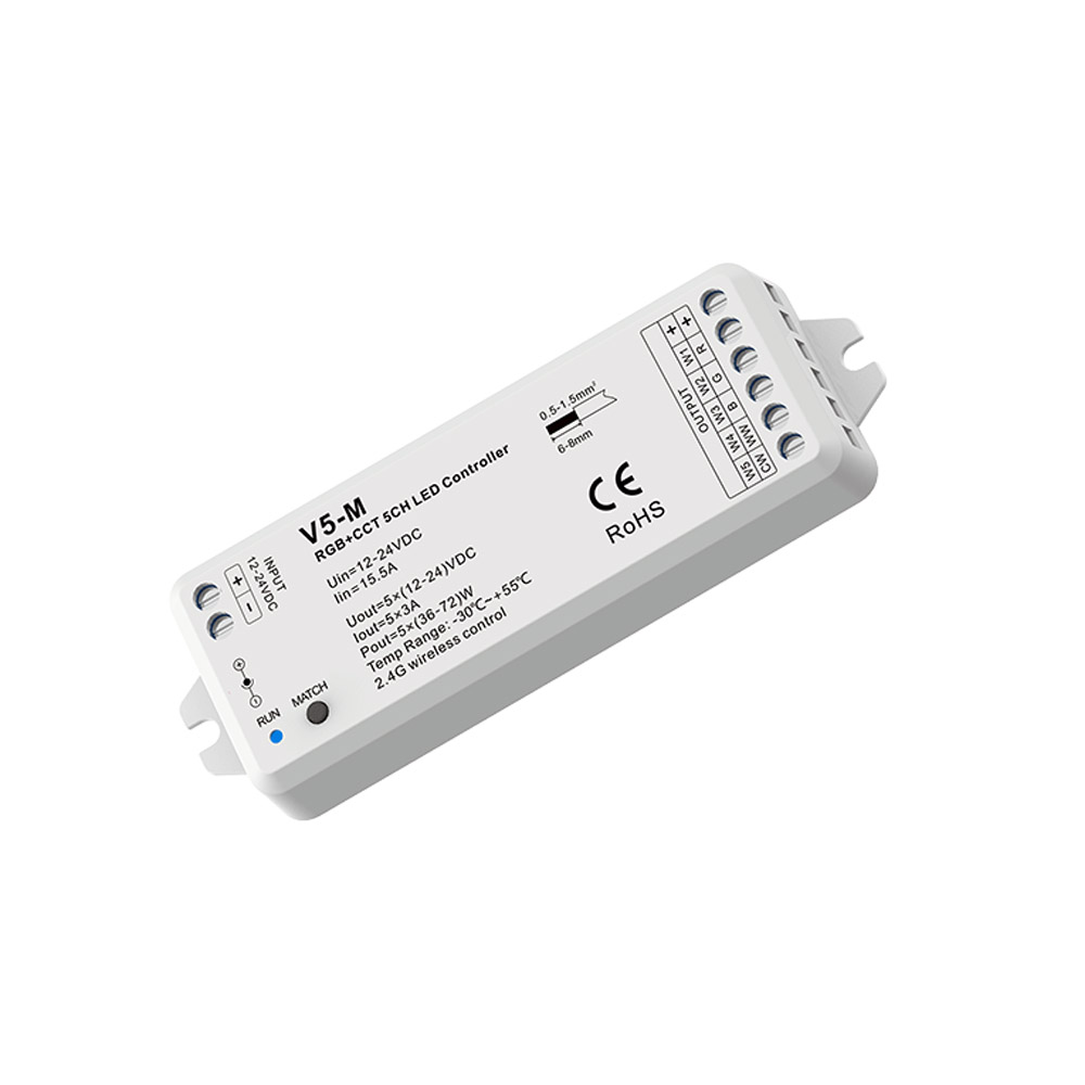 热卖V5-M LED灯条RGBCW控制器RF无线12V24VRGBCT灯带颜色平滑调光