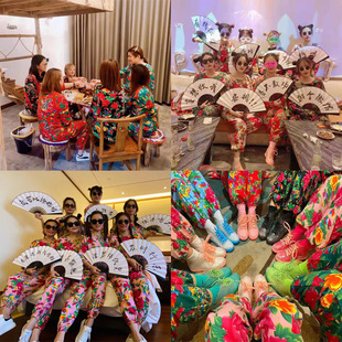 东北大花布短袖同学会派对搞笑服网红直播花衣裳伴娘伴郎碎花套装