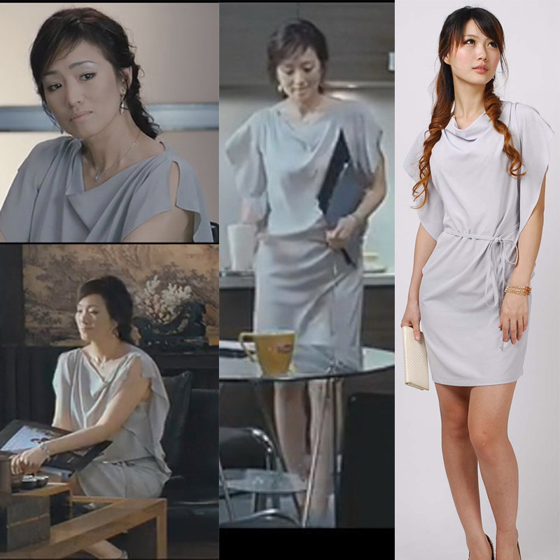 我知女人心巩俐明星同款银灰色一字领系腰带荷叶袖宽松连衣裙特价
