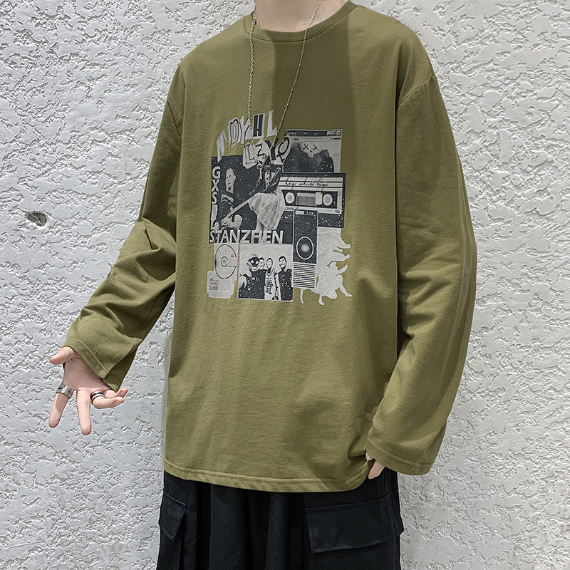 印花长袖t恤男潮牌宽松圆领上衣纯棉内搭打底衫春秋衣服DF282TP25,男装T恤,电商A102-1
