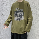 印花长袖t恤男潮牌宽松圆领上衣纯棉内搭打底衫春秋衣服DF282TP25，男装T恤，电商A102-1