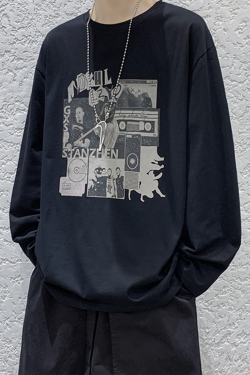 印花长袖t恤男潮牌宽松圆领上衣纯棉内搭打底衫春秋衣服DF282TP25,男装T恤,电商A102-1
