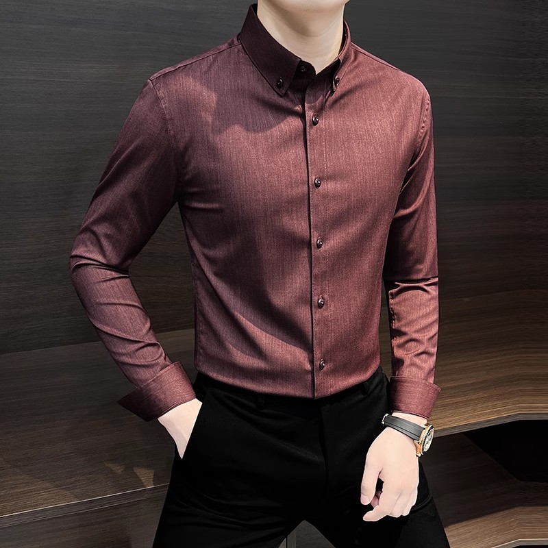 轻奢商务休闲衬衫男士衬衣秋季新款纯色翻领修身帅气西装内搭外穿