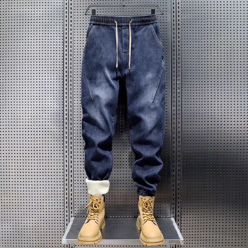 轻奢加绒加厚牛仔裤男士秋冬新款保暖舒适松紧腰宽松束脚休闲裤子