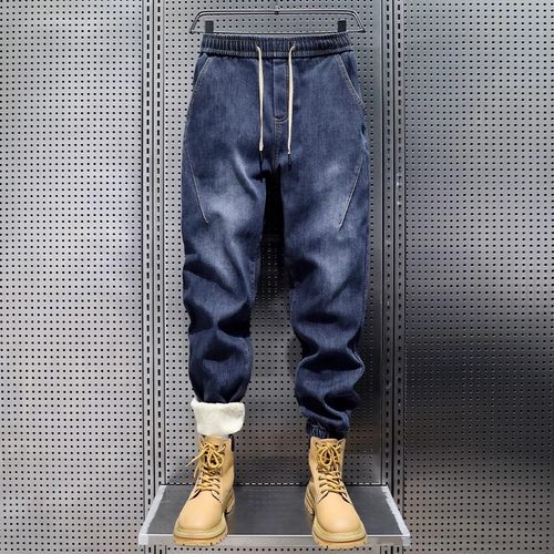 轻奢加绒加厚牛仔裤男士秋冬新款保暖舒适松紧腰宽松束脚休闲裤子