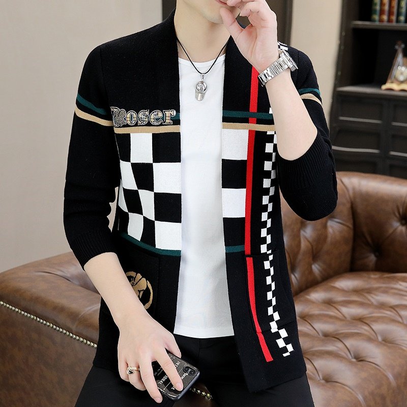 轻奢潮牌针织开衫毛衣外套男士秋季新款休闲修身撞色格子外搭上衣,男装,羽绒马甲,淘宝优惠券,粉丝福利购,淘宝优惠卷