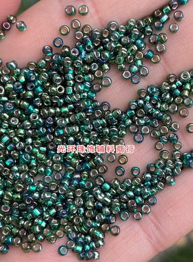 高质量玻璃珠方孔银心镀彩墨绿色米珠DIY手工深绿色幻彩珠子散珠