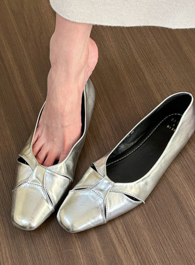 elingstudio 法式！银色方头浅口镂空单鞋女夏季百搭平跟平底鞋子