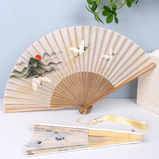 扇子古风经典款仙鹤女式夏天随时折扇中国风旗袍跳舞工艺折叠竹扇