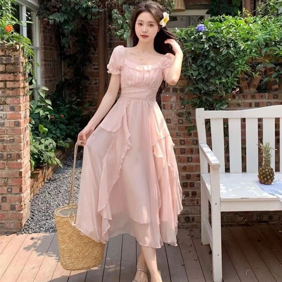 法式甜美温柔连衣裙少女夏装2025新款初高中学生收腰显瘦中长裙子