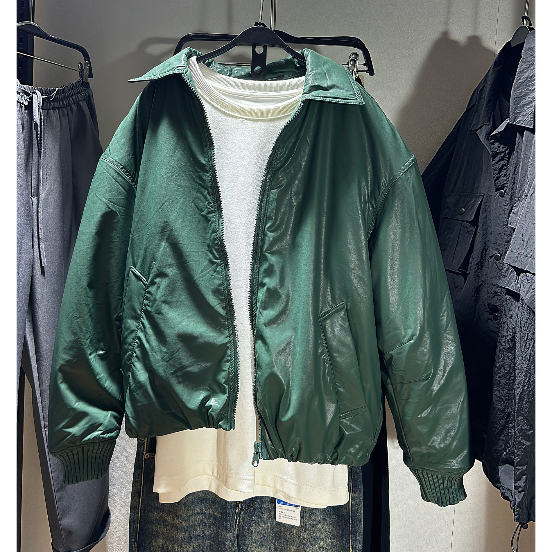 ZA男装翻领秋冬宽松仿皮皮衣棉服