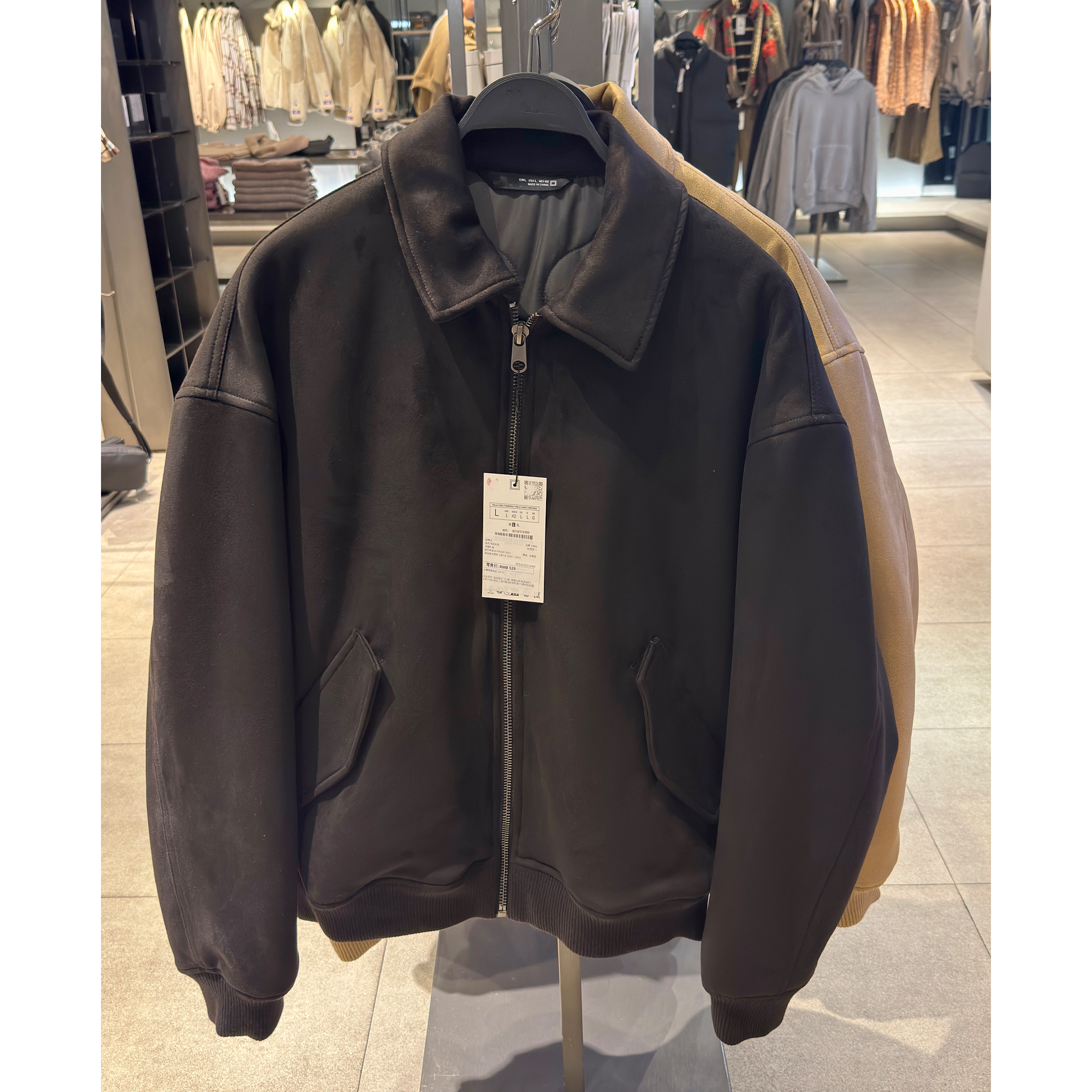 ZA男装翻领冬季宽松绒面夹克棉衣