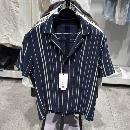 柜329！ZA夏季新品男装休闲棉混纺条纹提花修身短袖衬衫 4187352