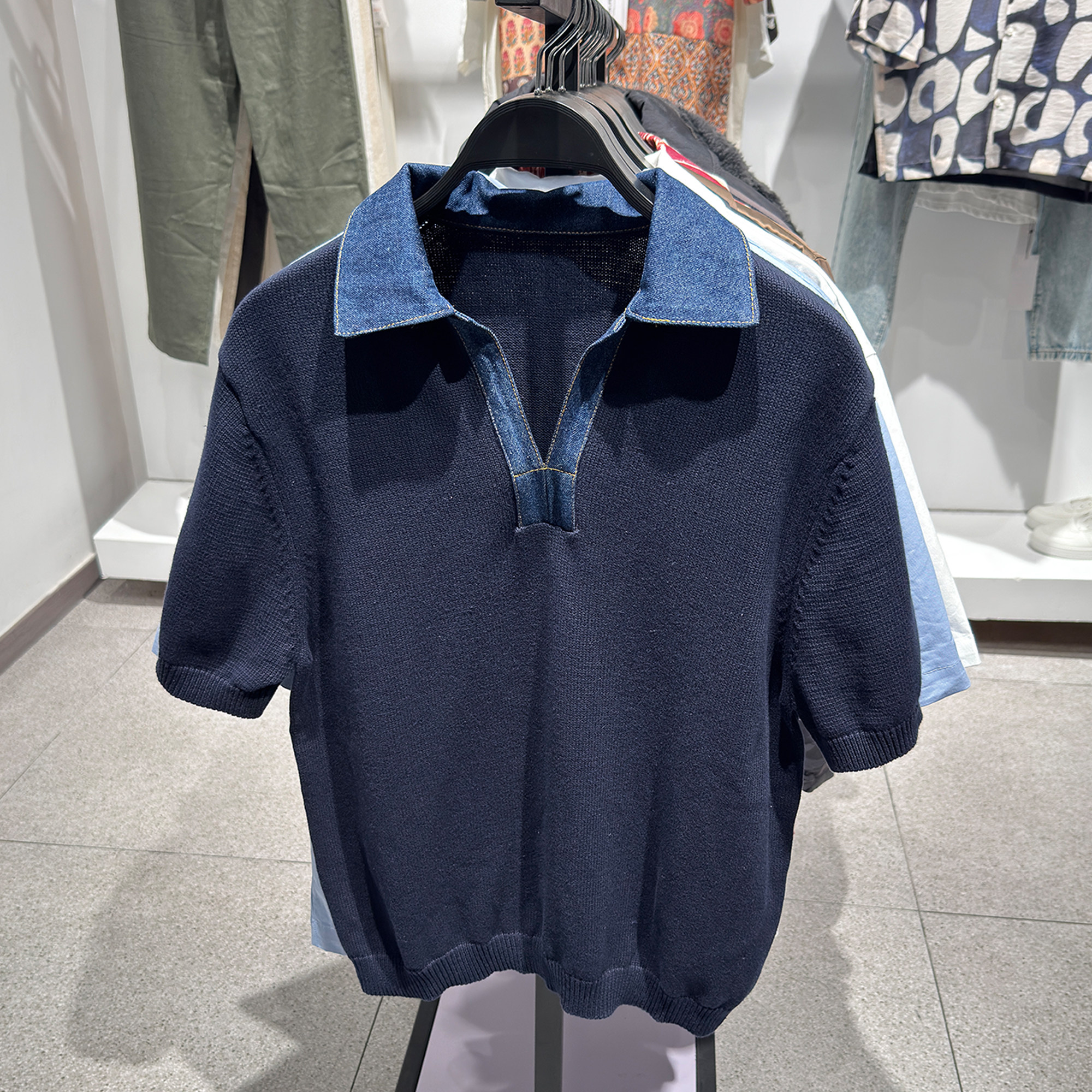 柜429！ZA夏季新品 男装 棉质拼接牛仔领针织POLO衫 6674433 422