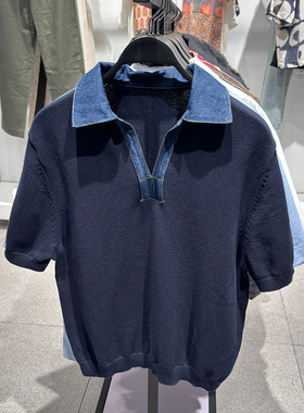 柜429！ZA夏季新品 男装 棉质拼接牛仔领针织POLO衫 6674433 422