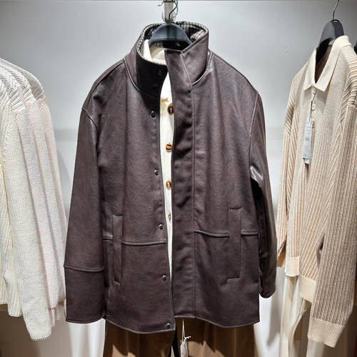 柜799！ZA冬季新品 男装 撞色仿皮宽松立领夹克外套 3833308 700