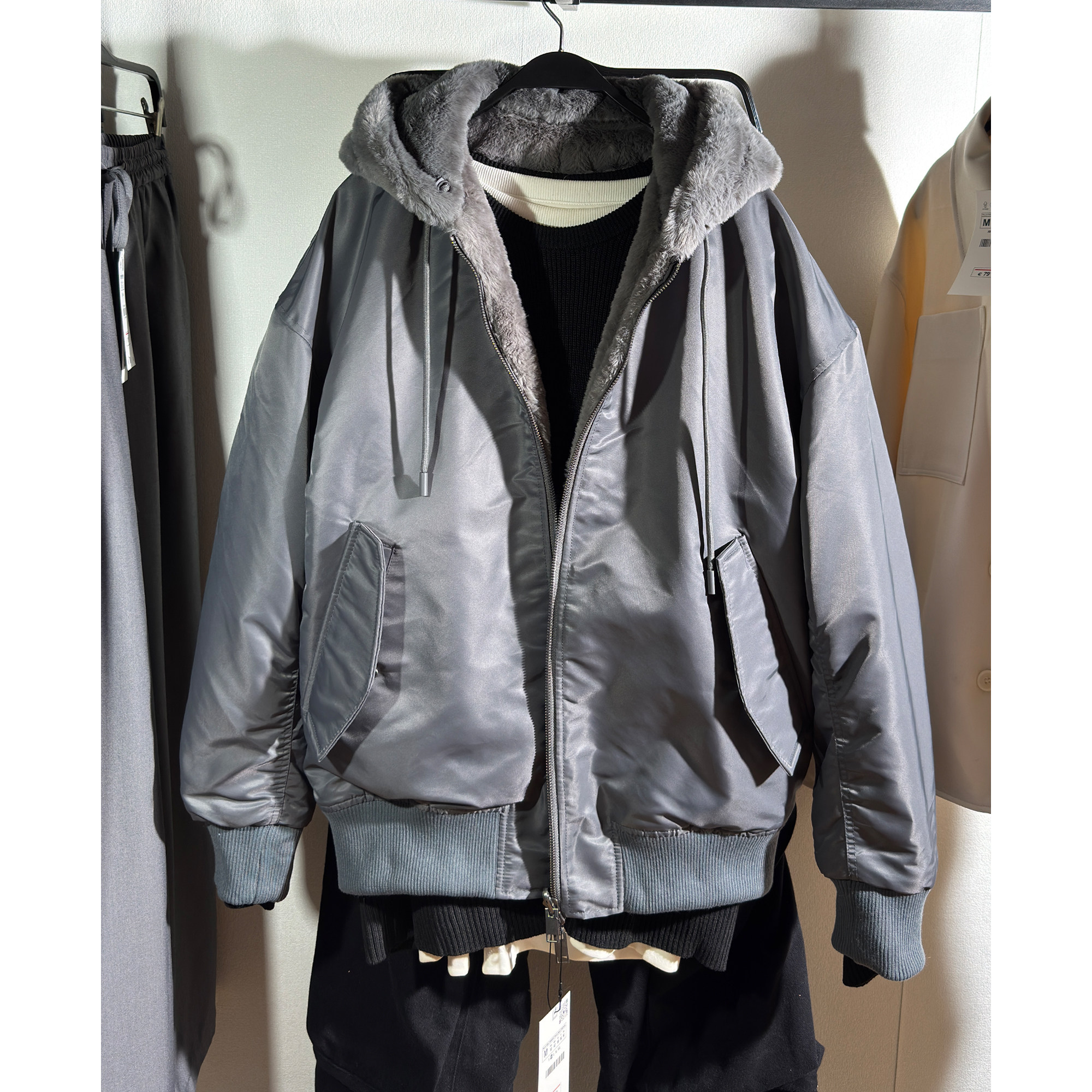 柜699！秋冬新品ZA男装两面穿飞行员连帽夹克棉衣皮草外套0993301