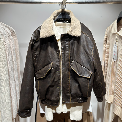 复古撞色领口短款仿皮夹克外套