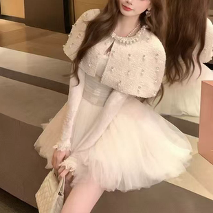 公主家3456新款秋冬时尚气质显瘦长袖连衣裙+斗篷修身两件套套装