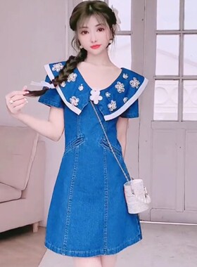 公主家6055新款花朵娃娃领连衣裙小个子短裙夏装牛仔裙高腰A字裙